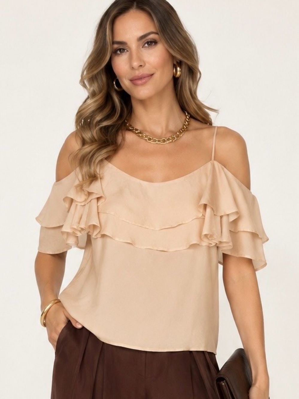 Atmosphere Women’s Blush Pink Ruffle Cold Shoulder Blouse Size US 10 Sheer Boho